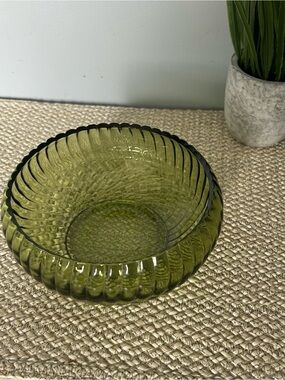 Vintage Olive Green Ribbed Glass Bowl 
Small MCM Catchall